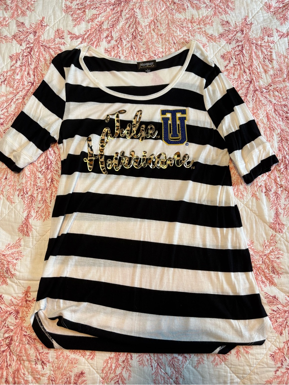 Striped Black & White Short Sleeve Tee with Gold Script Accent